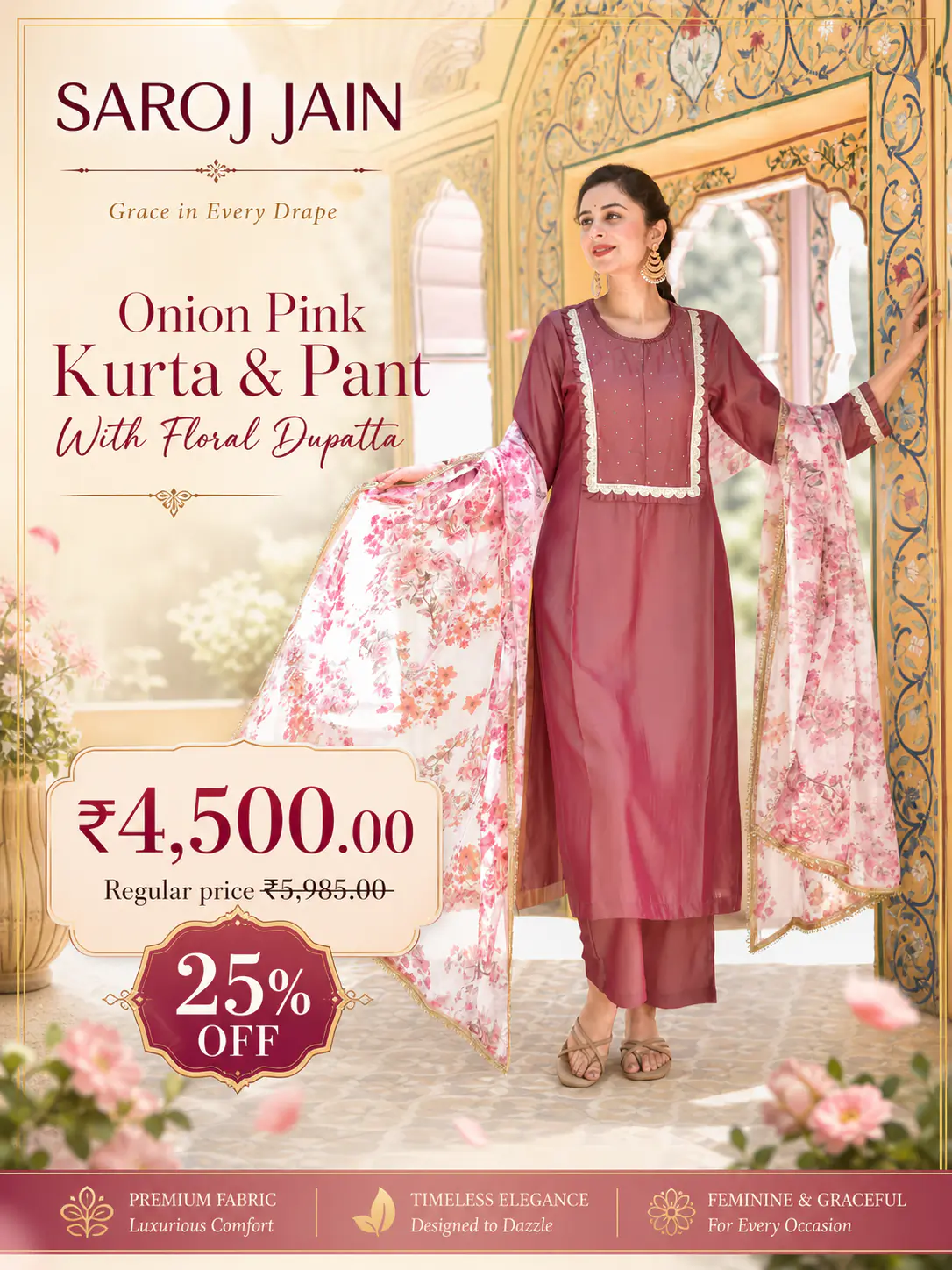 Onion Pink Kurta & Pant With Floral Dupatta